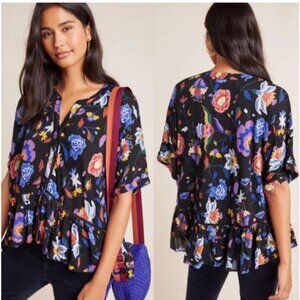 Anthropologie Josie Dolman-Sleeved Black Floral Print Top in Women's 1X